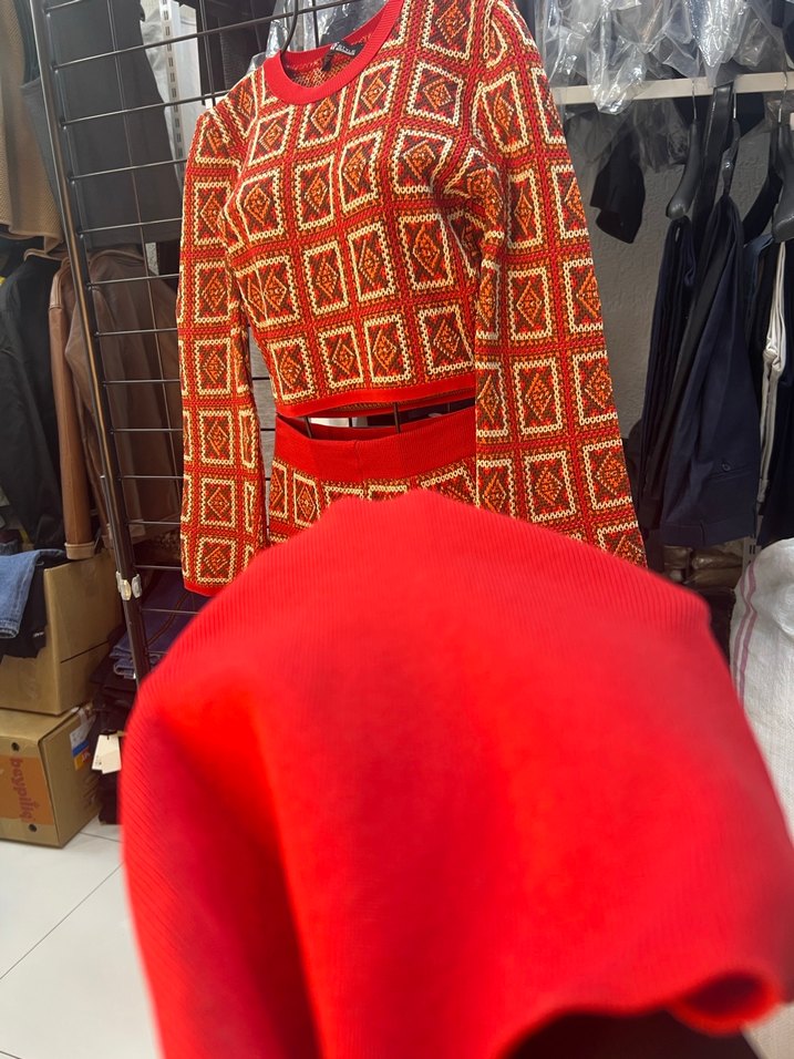 Kadın Kırmızı Örgü Desenli Uzun Kollu Tulum - Görsel 4