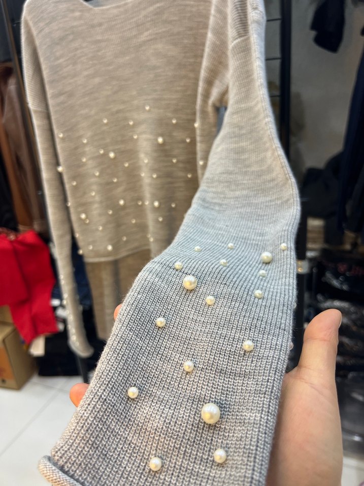 Bej Kadın Kısa Triko Kazak - Görsel 2