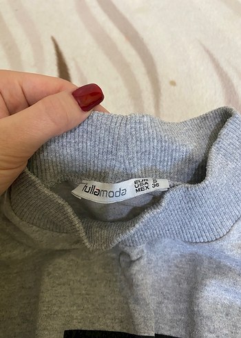 Gri Kadın Oversize Yüksek Yakalı Sweatshirt - Görsel 2