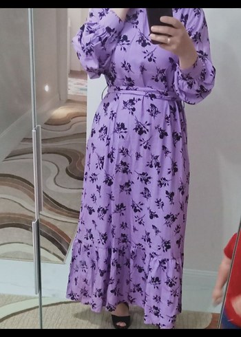 Mor Bağlama Desenli Uzun Salaş Elbise - Görsel 3