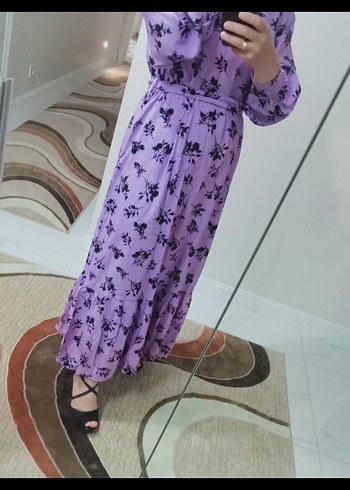 Mor Bağlama Desenli Uzun Salaş Elbise - Görsel 2