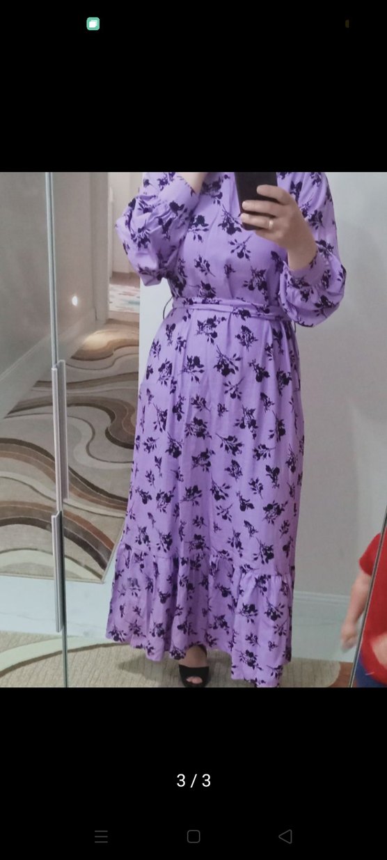 Mor Bağlama Desenli Uzun Salaş Elbise - Görsel 3