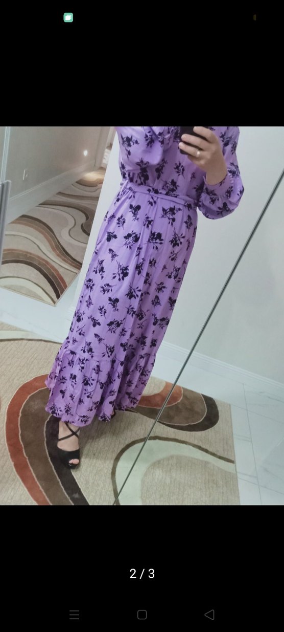 Mor Bağlama Desenli Uzun Salaş Elbise - Görsel 2