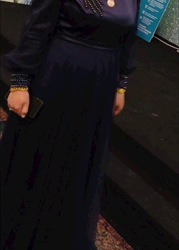 Lacivert Uzun Kollu Nakışlı Abiye Elbise - Görsel 3