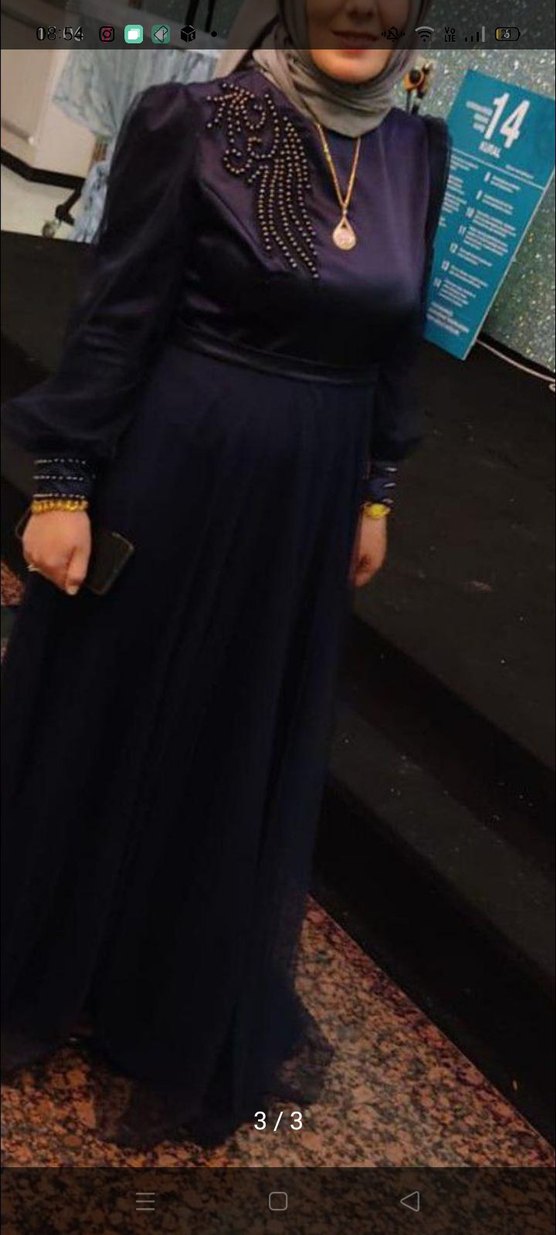 Lacivert Uzun Kollu Nakışlı Abiye Elbise - Görsel 3