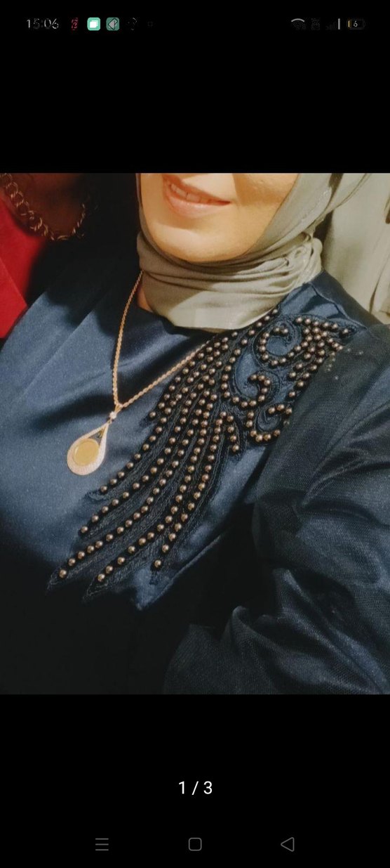 Lacivert Uzun Kollu Nakışlı Abiye Elbise - Görsel 2