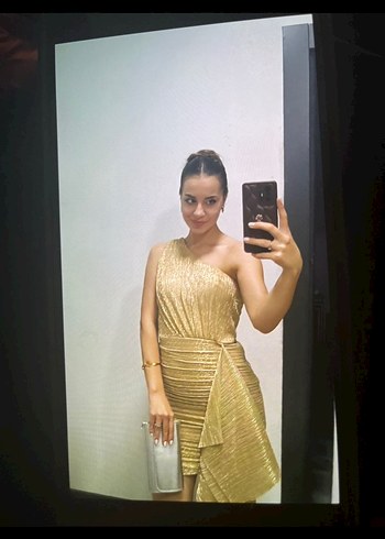 Altın Renk Drapeli Mini Elbise - Görsel 2