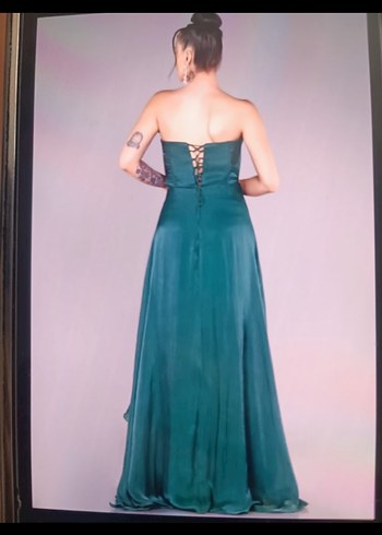 Turkuaz Straplez Uzun Abiye Elbise - Görsel 3