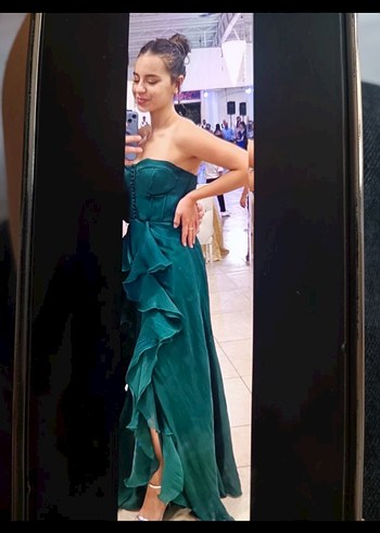 Turkuaz Straplez Uzun Abiye Elbise - Görsel 5