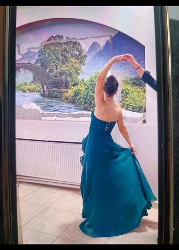 Turkuaz Straplez Uzun Abiye Elbise - Görsel 4