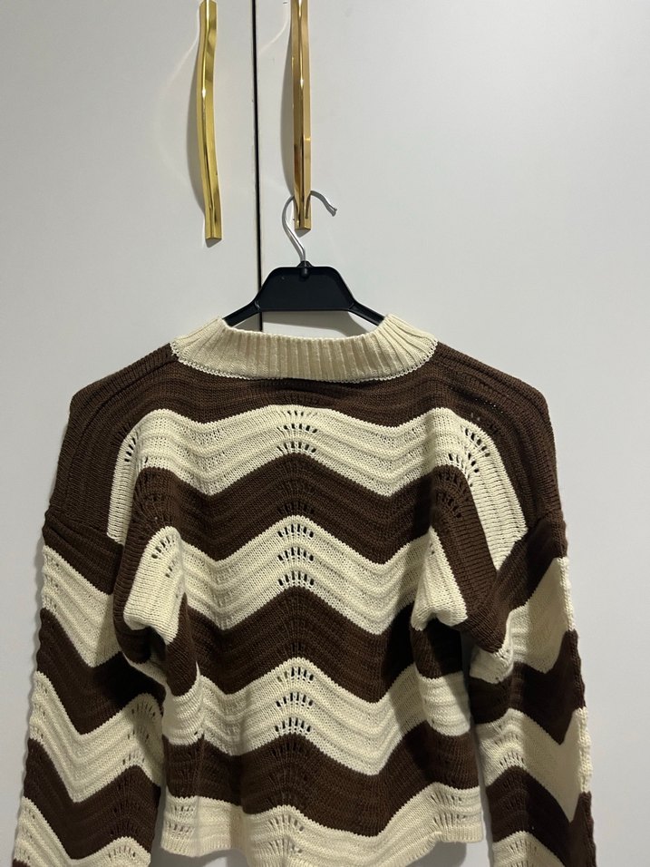 Kahverengi Zebra Desenli Örgü Kadın Kazak - Görsel 2