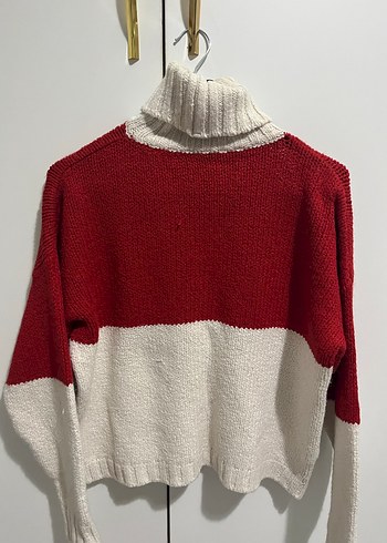 Kırmızı Gri Boğazlı Örgü Kadın Kazak - Görsel 2