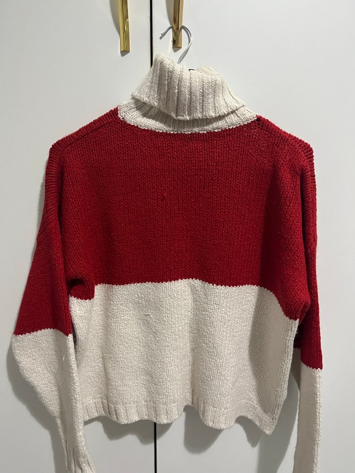 Kırmızı Gri Boğazlı Örgü Kadın Kazak - Görsel 2