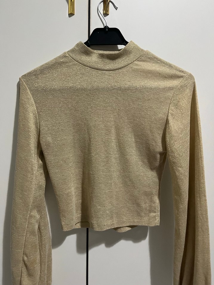 Bej Parlak Fitilli Triko Balıkçı Yaka balon kol bluz - Görsel 2