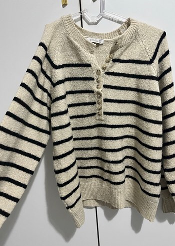 Düğmeli Çizgili Bej Triko Kadın Kazak - Görsel 3