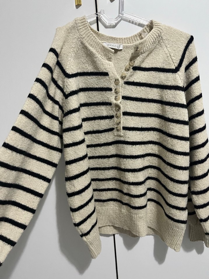 Düğmeli Çizgili Bej Triko Kadın Kazak - Görsel 3