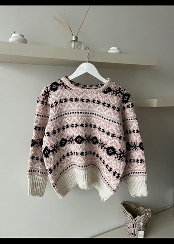 Bohem Tarz Pembe Etnik Desenli Triko Kazak - Görsel 4