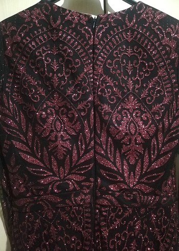 38 Beden Bordo Boncuk İşlemeli Uzun Kollu Gotik Abiye