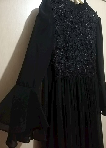 36 Beden Uzun Kollu Siyah Gotik İşlemeli Abiye Elbise
