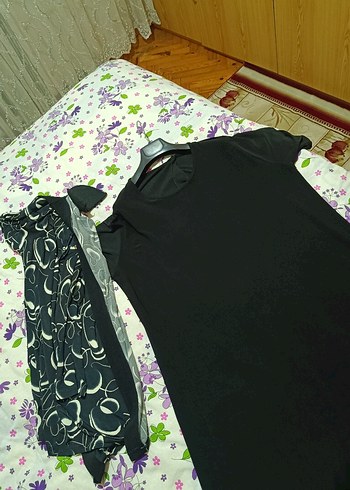 48 Beden Siyah Desenli Uzun Kollu Kadın Elbise