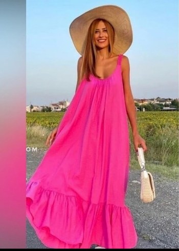 Pembe Bohem Salaş Uzun Elbise