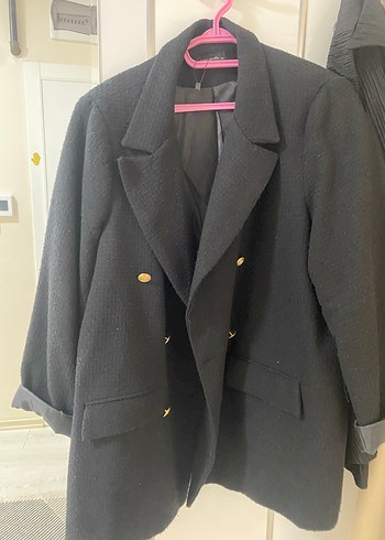 50 Beden Düğmeli Siyah Midi Kadın Blazer Ceket