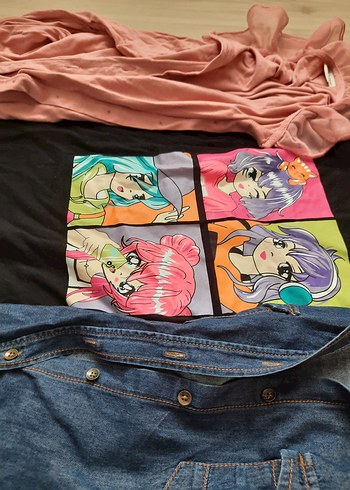 11-12 Yaş Beden Pembe Baskılı Kız Denim Gömlek
