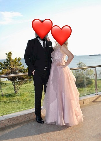 l Beden Pudra Pembe Drapeli Uzun Straplez Abiye