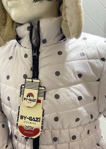 Kız Çocuk Beyaz Puantiyeli beli büzgülü kürklü Mont - Görsel 2