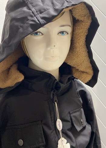 Beli büzgülü Siyah uzun Kız çocuk Mont - Görsel 5