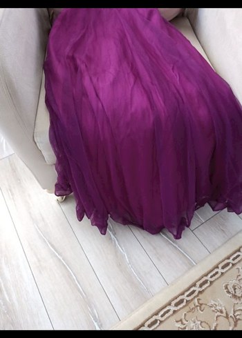 Mor İşlemeli Drapeli Uzun Abiye Elbise - Görsel 2