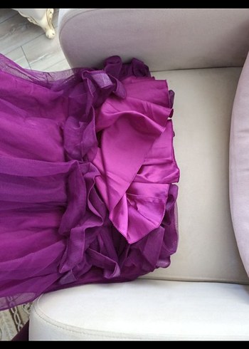 Mor İşlemeli Drapeli Uzun Abiye Elbise - Görsel 5