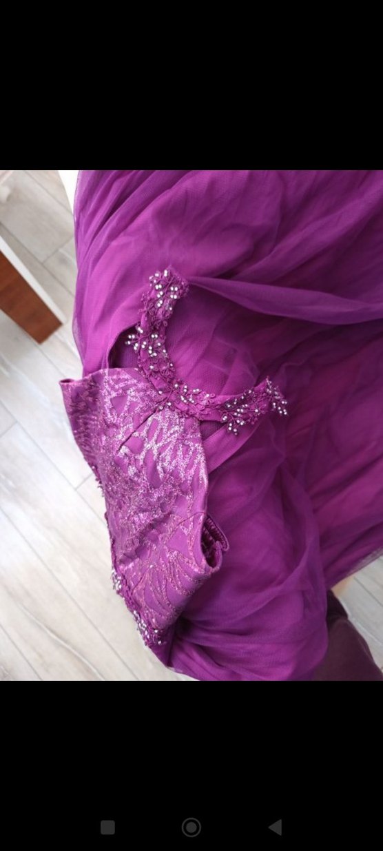 Mor İşlemeli Drapeli Uzun Abiye Elbise - Görsel 3