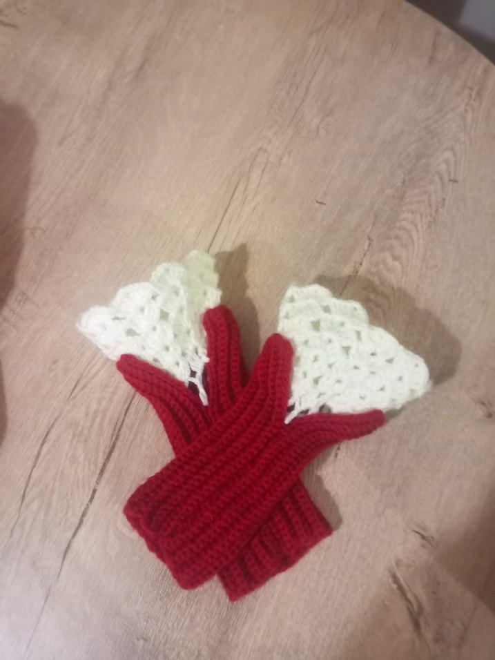 Bohem Tarz Kırmızı Beyaz Vintage Örgü Kadın Eldiveni - Görsel 2