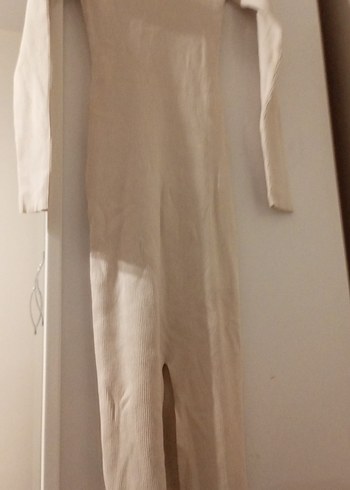 Bej Uzun Kollu Düğmeli Triko Elbise - Görsel 3