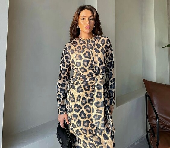l Beden camel Renk Leopar elbise