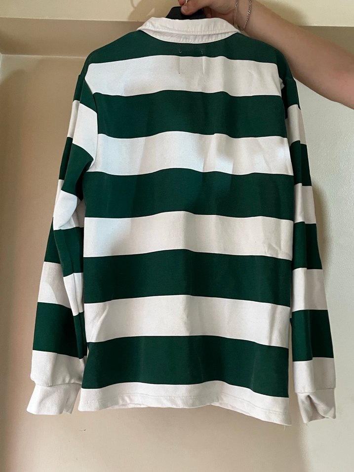 Yeşil Beyaz Çizgili Uzun Kollu Polo Tişört - Görsel 2