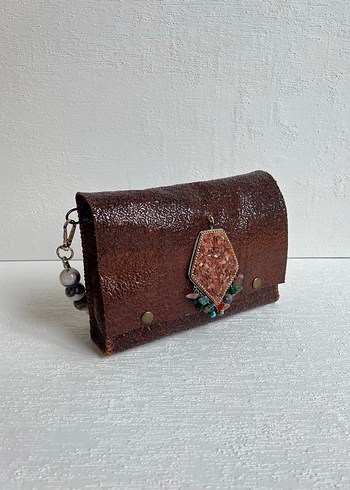 Diğer Kahverengi Deri Boncuklu Yılan Desenli Clutch