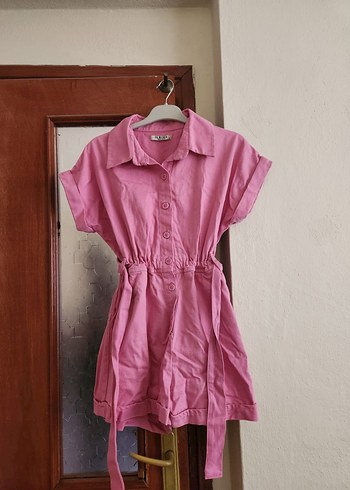 Düğmeli Pembe Keten Midi Elbise