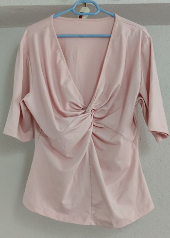 Pembe Drapeli V Yaka Keten Bluz - Görsel 2