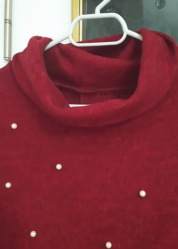 Bordo İnci İşlemeli Uzun Triko Elbise - Görsel 2