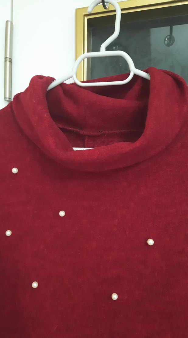 Bordo İnci İşlemeli Uzun Triko Elbise - Görsel 2