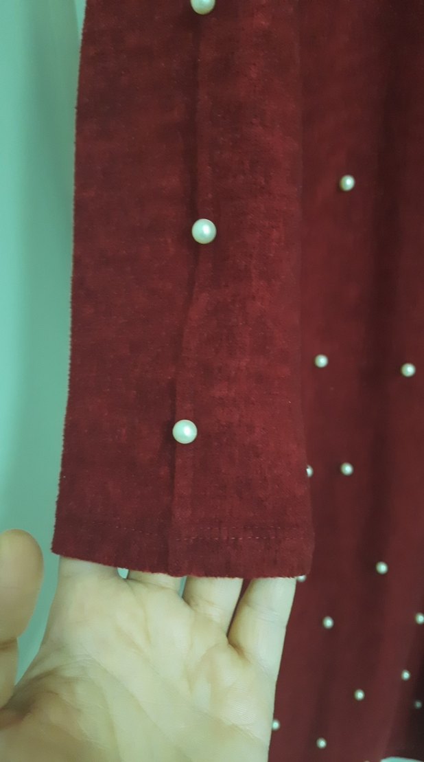 Bordo İnci İşlemeli Uzun Triko Elbise - Görsel 3