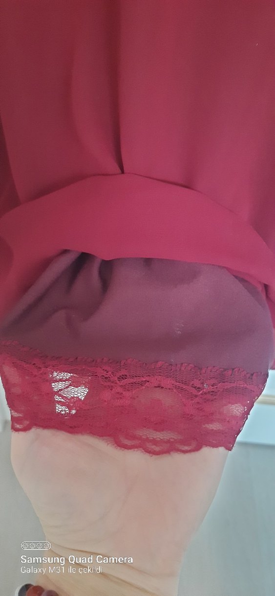 Bordo Dantel Detaylı Uzun Kadın Elbise - Görsel 5