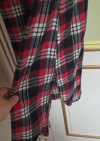 Kırmızı Ekose Düğmeli Uzun Kadın Gömlek - Görsel 4