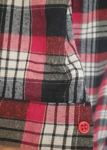 Kırmızı Ekose Düğmeli Uzun Kadın Gömlek - Görsel 3