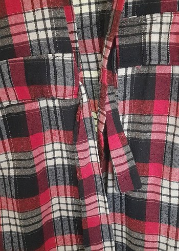 Kırmızı Ekose Düğmeli Uzun Kadın Gömlek - Görsel 2