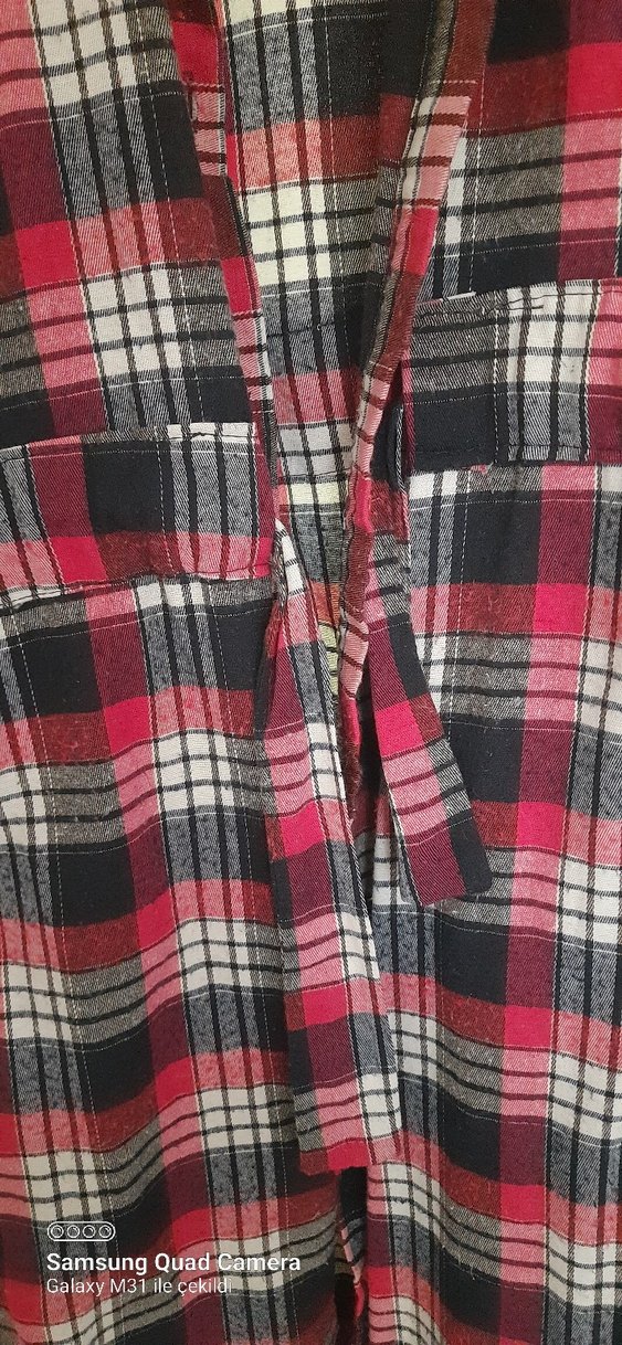 Kırmızı Ekose Düğmeli Uzun Kadın Gömlek - Görsel 2