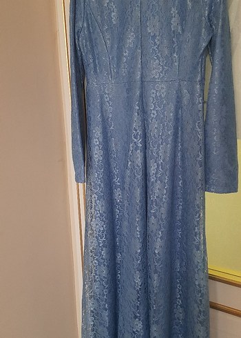 Dantel Detaylı Uzun Mavi Kadın Elbise - Görsel 2