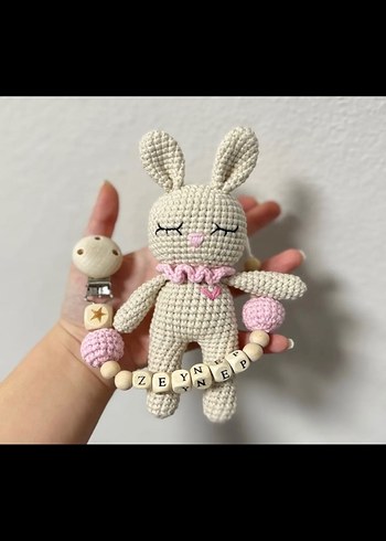 El Yapımı Pembe Tavşan Diş Kaşıyıcı ve Çıngırak